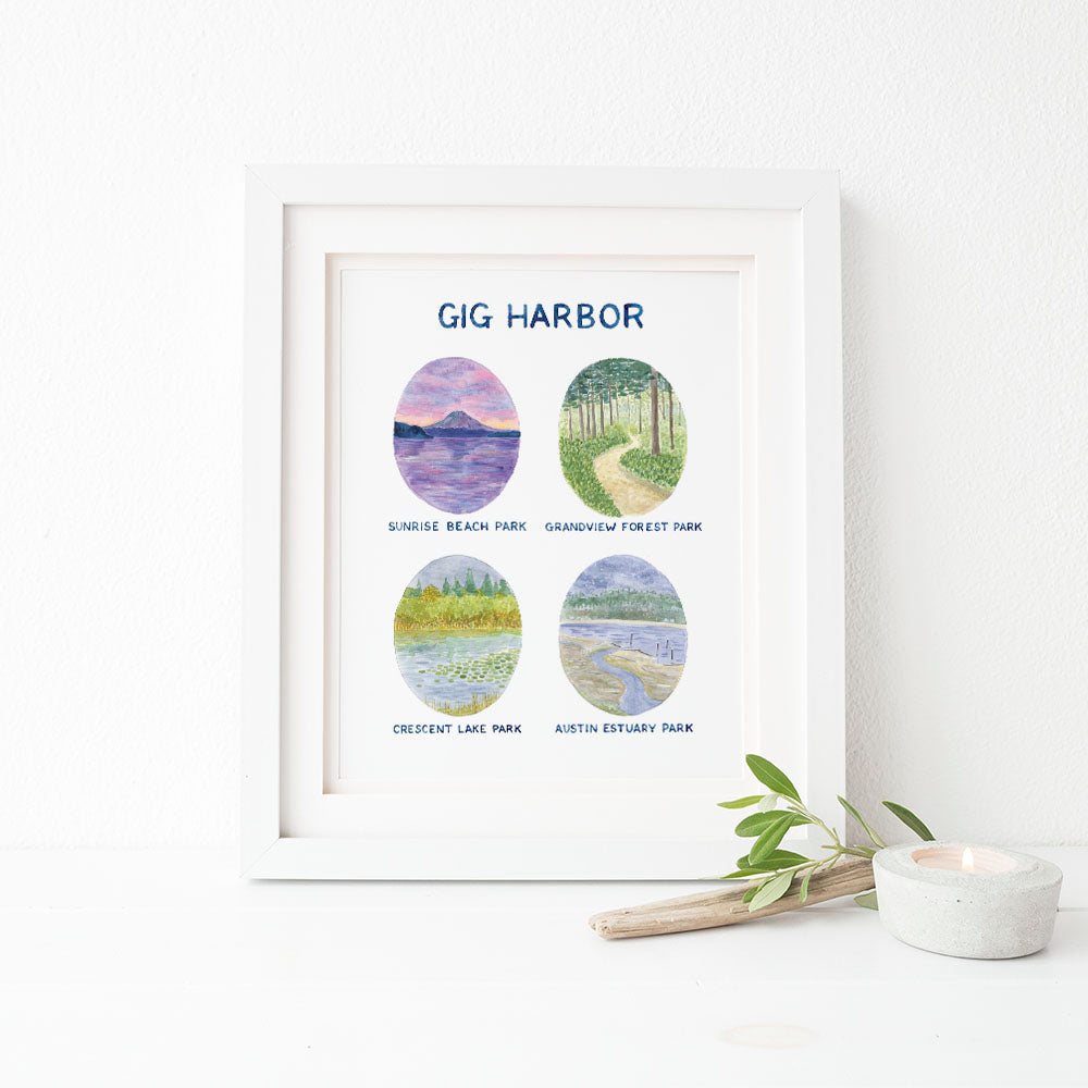 gig harbor watercolor 8x10 art print features four Gig Harbor parks