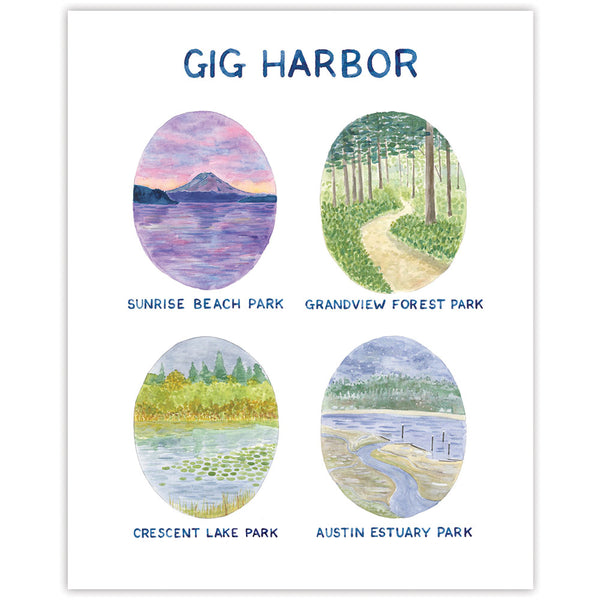 Gig Harbor Watercolor Art Print featuring four seasonal scenes of Gig Harbor parks, showcasing Brigida Swanson's original watercolor illustrations. Frame not included.