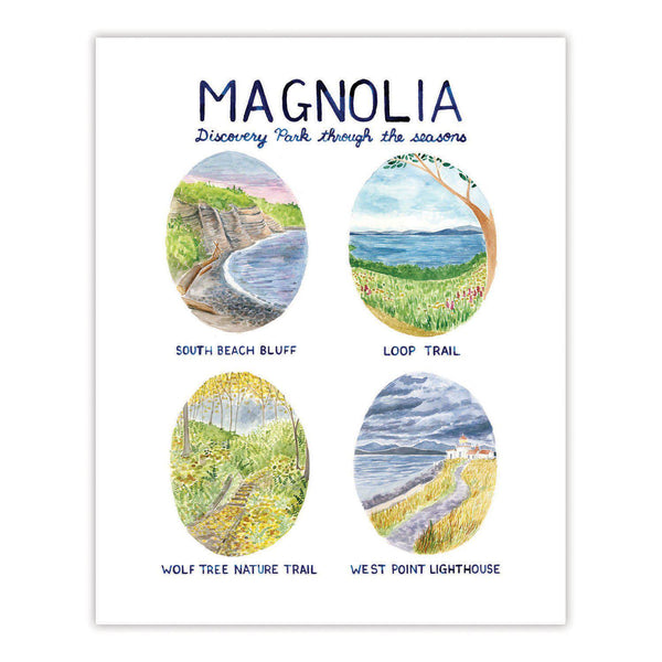 Magnolia and Discovery Park Watercolor Art Print showcasing four seasonal trails and areas in Discovery Park, including South Beach Bluff and West Point Lighthouse. 8x10 inches, unframed.