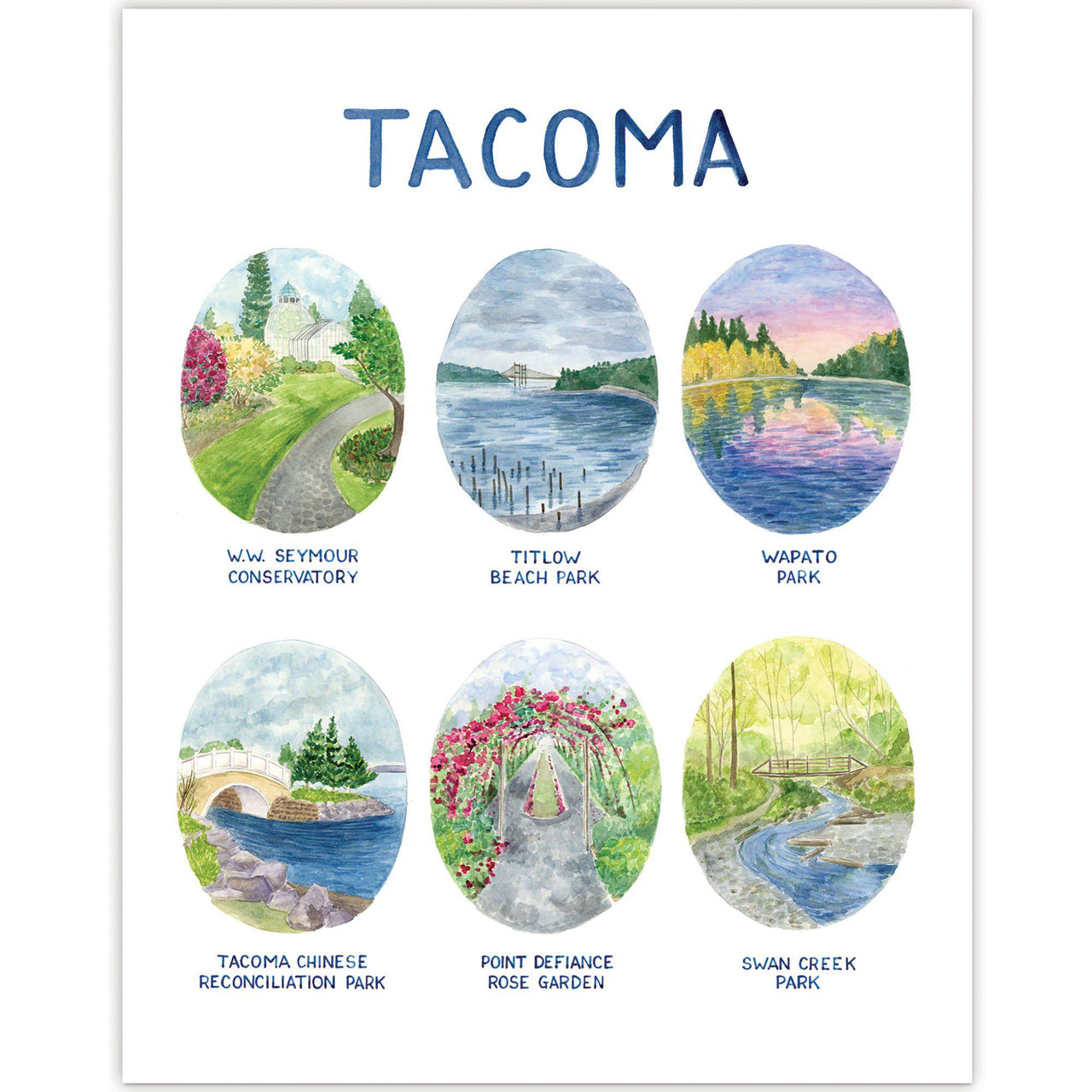 Tacoma Parks Art Print featuring watercolor illustrations of six Tacoma parks, each labeled in watercolor. Art print only, frame not included.