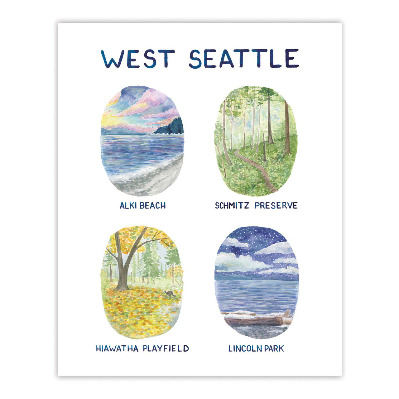 West Seattle Watercolor Art Print featuring seasonal park scenes, including Alki Beach and Schmitz Preserve, showcasing Seattle's natural beauty in an 8x10 inch format.