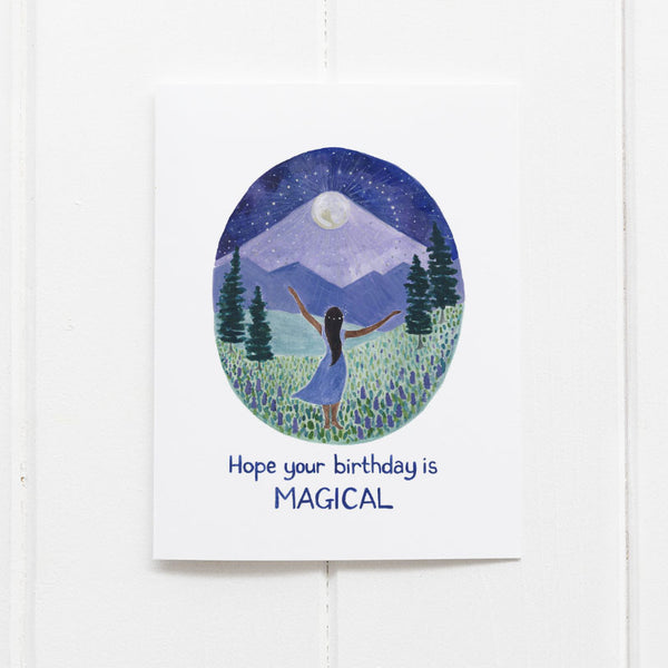 magical birthday card with watercolor moon