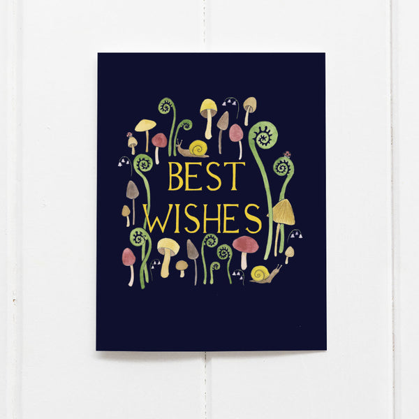 Best wishes mushroom card with watercolor illustrations and dark navy blue background