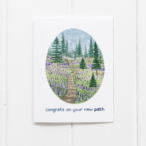Congrats on your new path congratulations card with watercolor illustration of wildflower hiking trail