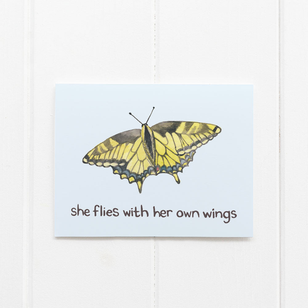 Butterfly encouragement card by Yardia reads "she flies with her own wings"