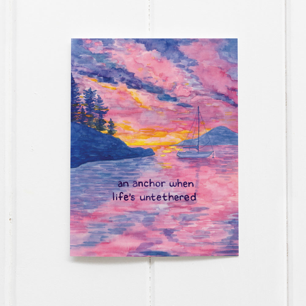 encouragement card with sailboat at sunset in watercolor reads an anchor when life's untethered