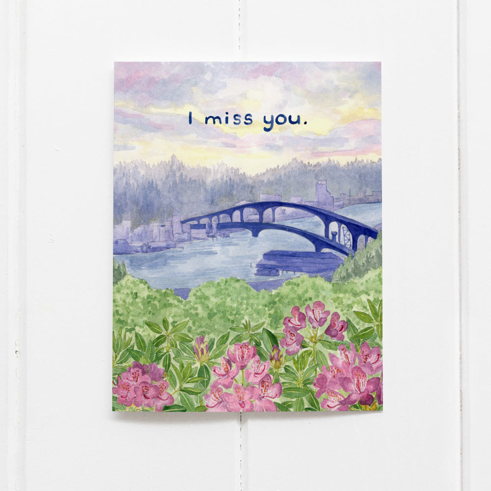 watercolor I Miss You card with illustration of West Seattle Bridge