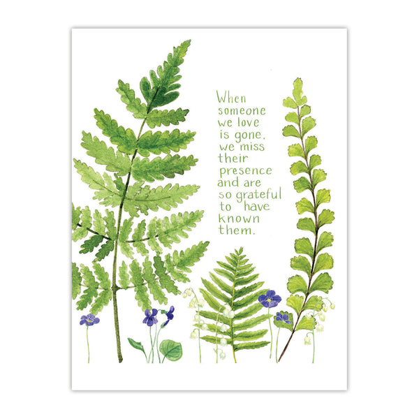 sympathy card for grief and loss with botanical watercolor ferns