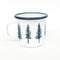 Evergreen Camp Mug, an enamel camping mug featuring Pacific Northwest tree illustrations, perfect for outdoor enthusiasts and winter beverages. Holds 12 ounces.