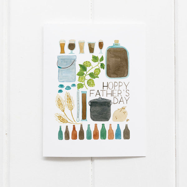 Hoppy Father's Day card with watercolor illustrations of home brewing supplies