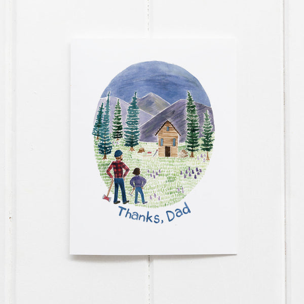 Thanks Dad card by Yardia with watercolor illustration of father and daughter building a cabin in the woods
