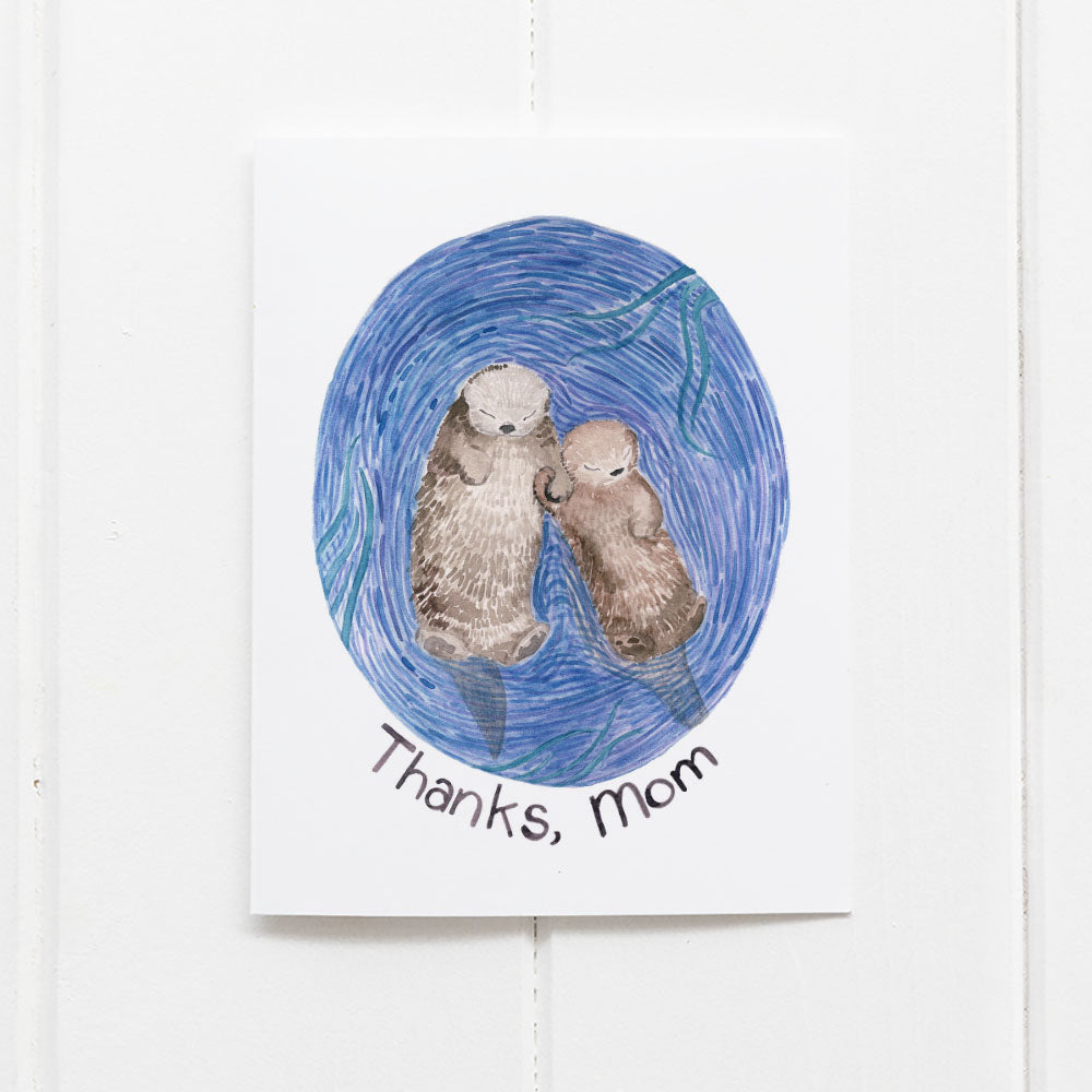 Thanks Mom Otters card by Yardia with watercolor otter mom and baby holding hands