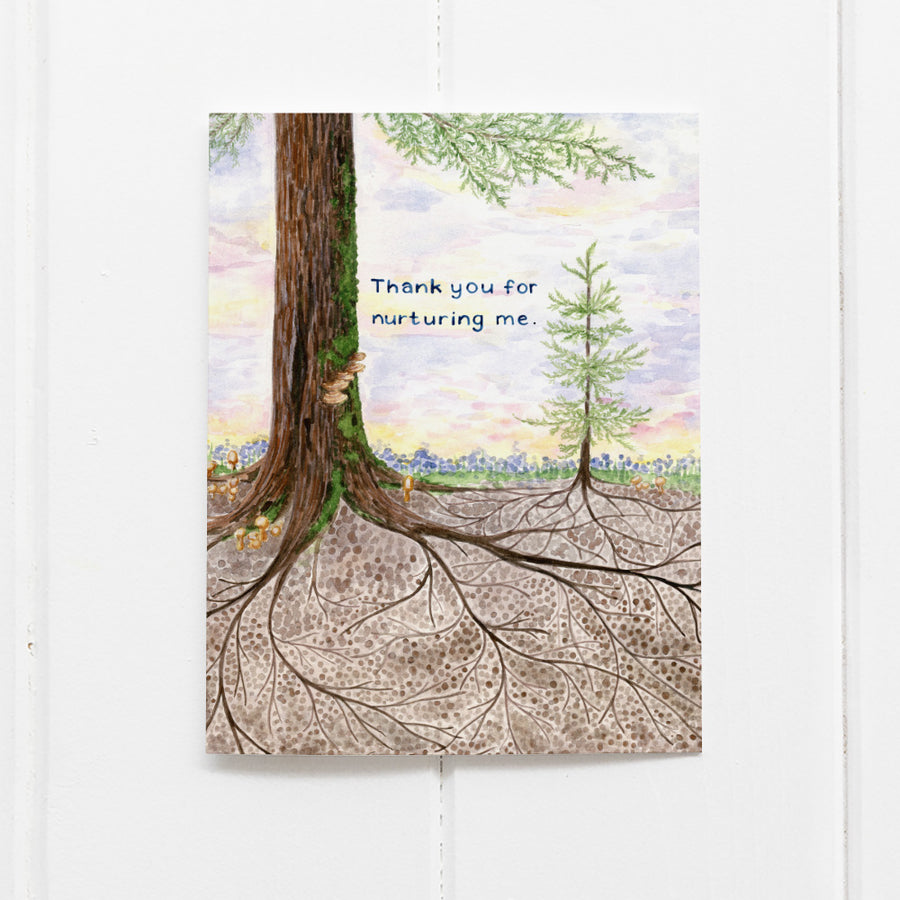 Thank You For Nurturing Me Card featuring a watercolor illustration of a tree with roots, inspired by Suzanne Simard’s research, blank inside for personal messages.
