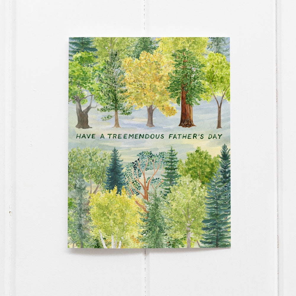 watercolor trees fathers day card reads have a treemendous father's day