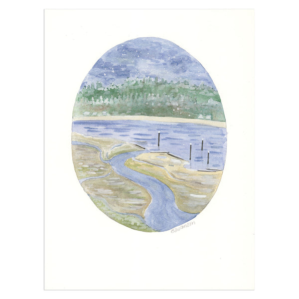 a watercolor original painting of an estuary in winter