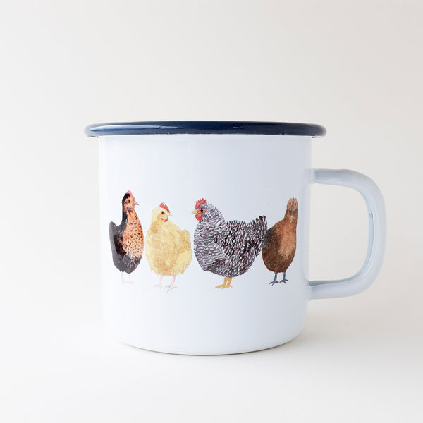 Enamel camp mug featuring watercolor chickens, 12-ounce capacity, perfect for winter beverages, designed by Brigida Swanson for Yardia.