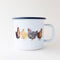 Enamel camp mug featuring watercolor chickens, 12-ounce capacity, perfect for winter beverages, designed by Brigida Swanson for Yardia.