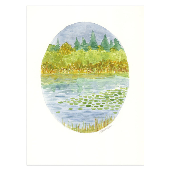 original watercolor painting of a pond in autumn