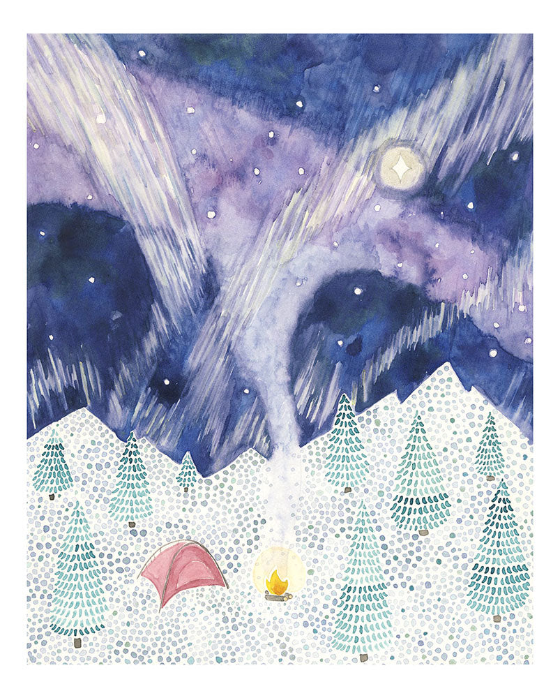 Camping Watercolor Art Print depicting a snowy forest with a tent and campfire under the Milky Way, perfect for outdoor enthusiasts. Museum-quality, 8x10 inches.