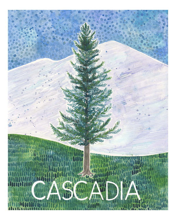 Cascadia Art Print featuring a watercolor illustration of a Douglas fir amidst sky and earth, inspired by the Pacific Northwest's Cascadia flag.