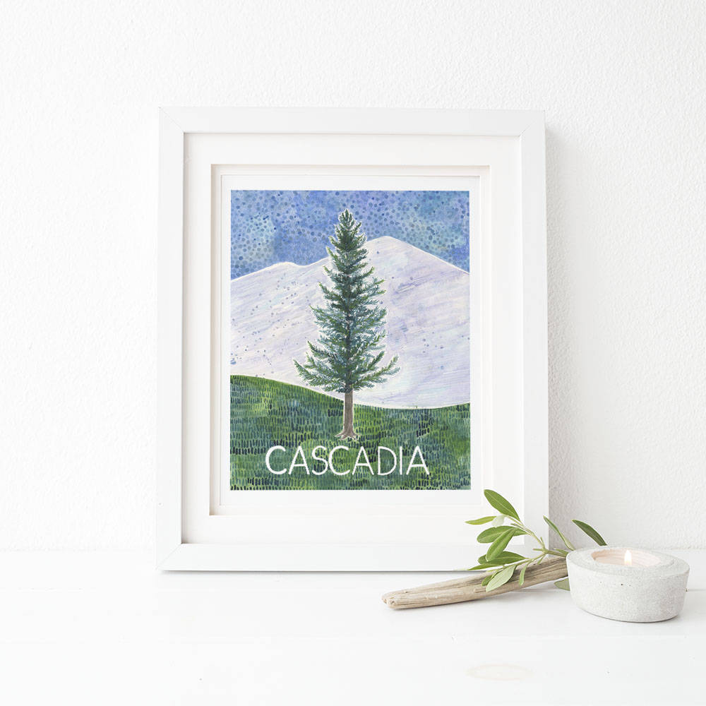Cascadia art print shows douglas fir tree against sky, mountains and land in cascadia flag colors