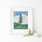 Cascadia art print shows douglas fir tree against sky, mountains and land in cascadia flag colors