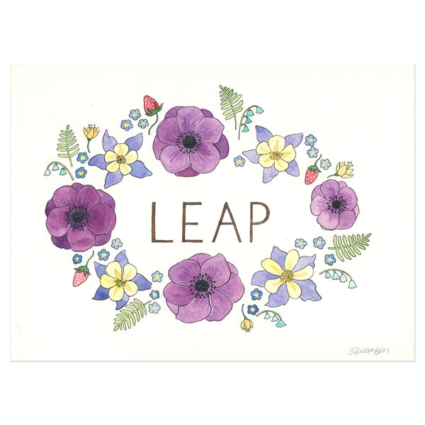 original watercolor painting of a garland of flowers with Leap written in the center