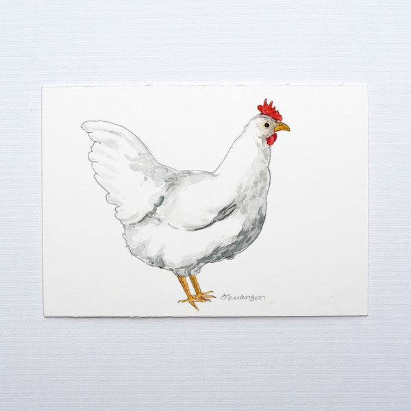 small original watercolor painting of a leghorn chicken