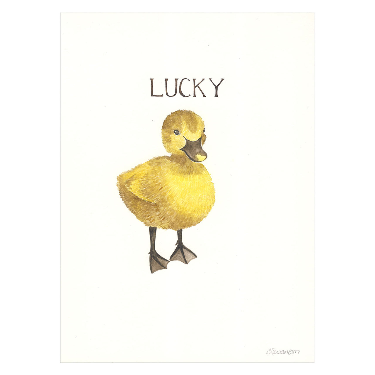 original watercolor painting of a yellow duckling, with lucky written above in ink