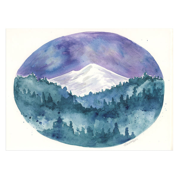 original watercolor painting of a mountain and forest in an oval with purple, white and green colors