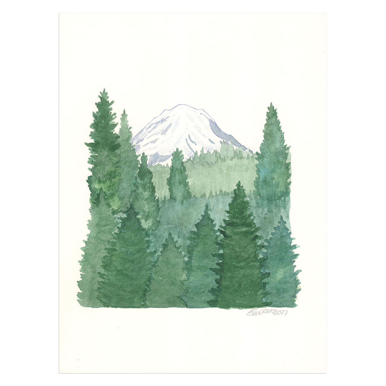 original watercolor painting of Mount Rainier and an evergreen forest