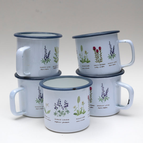 imperfect wildflower enamel mugs in stack