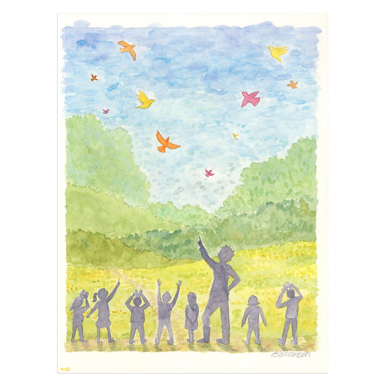 original watercolor painting shows silhouettes of a class of students with teacher looking at birds with binoculars
