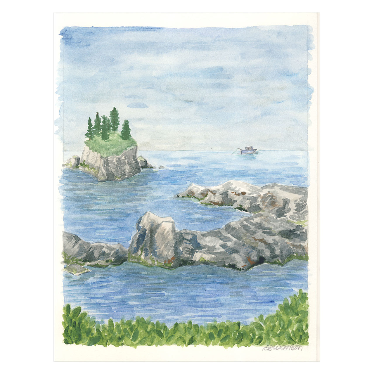 original watercolor painting of a fishing boat off the coast of Vancouver Island