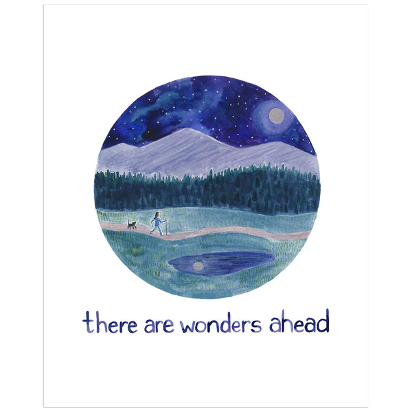 There are wonders ahead original watercolor painting with hiker by Yardia